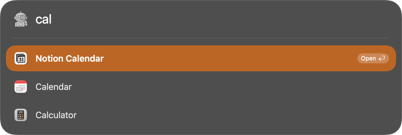 The Kensa palette with “cal” typed in it. Notion Calendar, Calendar and Calculator are listed, the first one selected and marked Open.